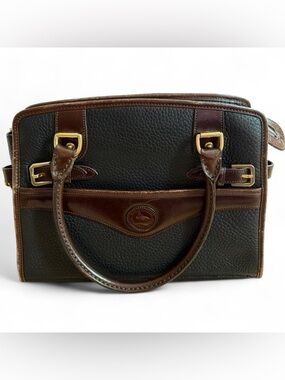 Vintage Dooney & Bourke Black Leather Satchel Bag Brown Trim Pebbled Leather